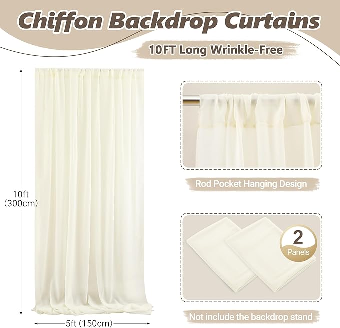 10ft x 10ft Ivory Backdrop Curtain Drapes, Wrinkle-Free Sheer Chiffon Fabric - Image 4
