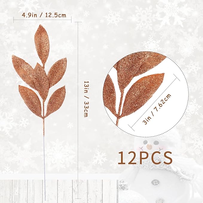 GREENTIME 12 Pack Artificial Brown Glitter Leaves 13" Fake Christmas Picks - Image 3