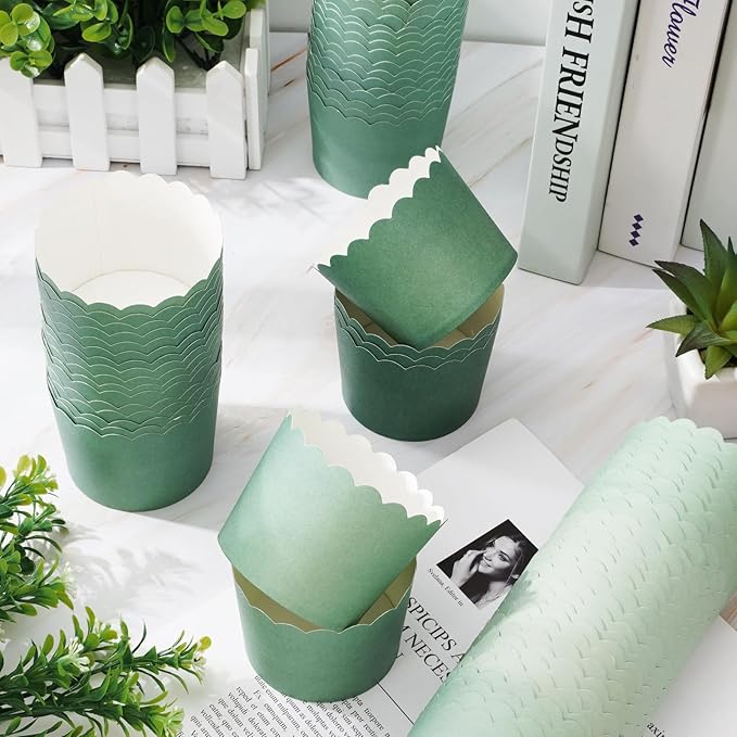 Whaline 120Pcs Sage Green Paper Baking Cups Scalloped Edge Cupcake Wrappers - Image 3