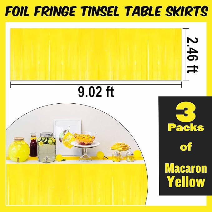 3 Pack 29 x108 Inch Macaron Yellow Foil Fringe Table Skirts Metallic Banner - Image 3