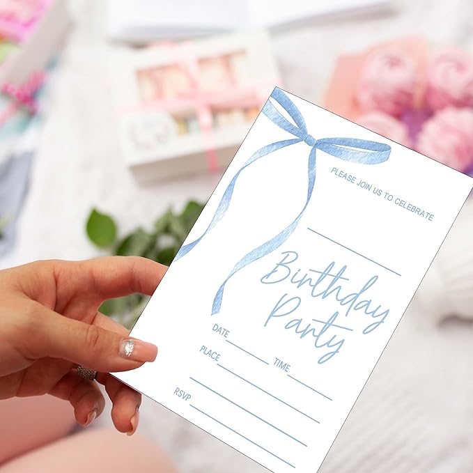SIXEIGHT Blue Bow Birthday Invitations Blue Ribbon Bow Birthday Party - Image 3