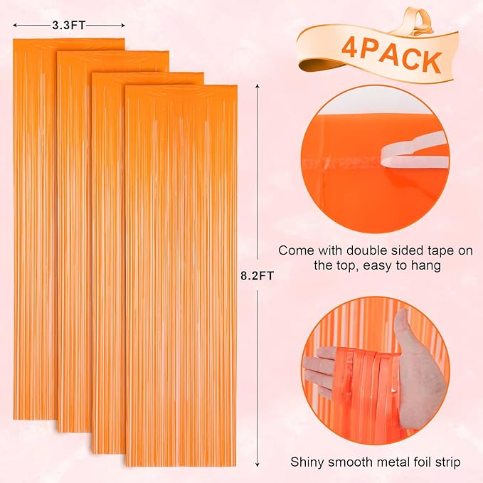 4 Pack Orange Foil Fringe Backdrop Curtains, Tinsel Streamers Birthday Party - Image 3