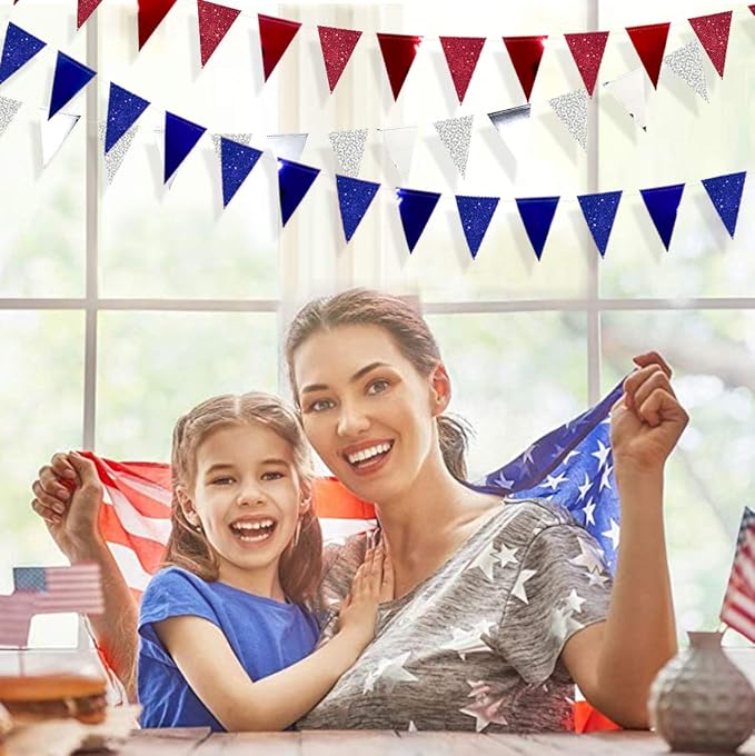 30 Ft Red Silver Blue Triangle Pennant Banner Bunting Hanging Paper Flag Garland - Image 5