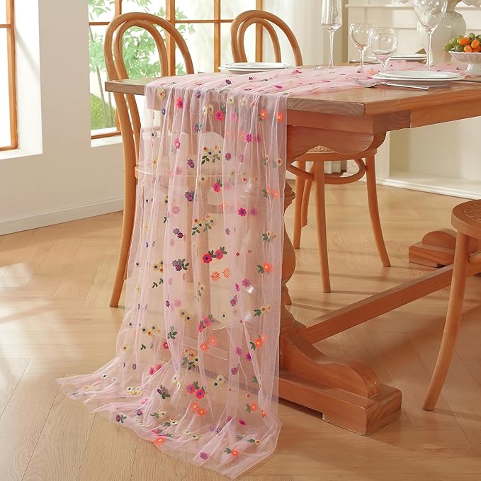 Pink Flower Tulle Table Runner 29x120 Inch Embroidery Florals Soft Sheer Tulle - Image 3