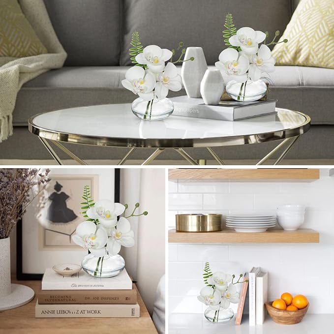 White Orchids Artificial Flowers Faux Orchids Arrangement in Clear Glass Vases - Image 4