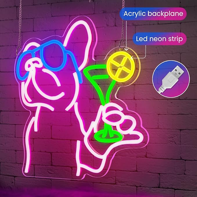 French Bulldog Drinking Cocktail Neon Sign, Bulldog Cocktail Bar Led Neon Signs - Image 2