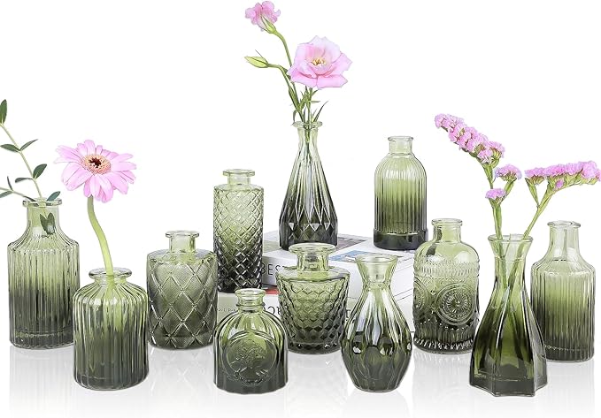 Green Glass Bud Vases Set of 12, Mini Flower Vase by UPBUD