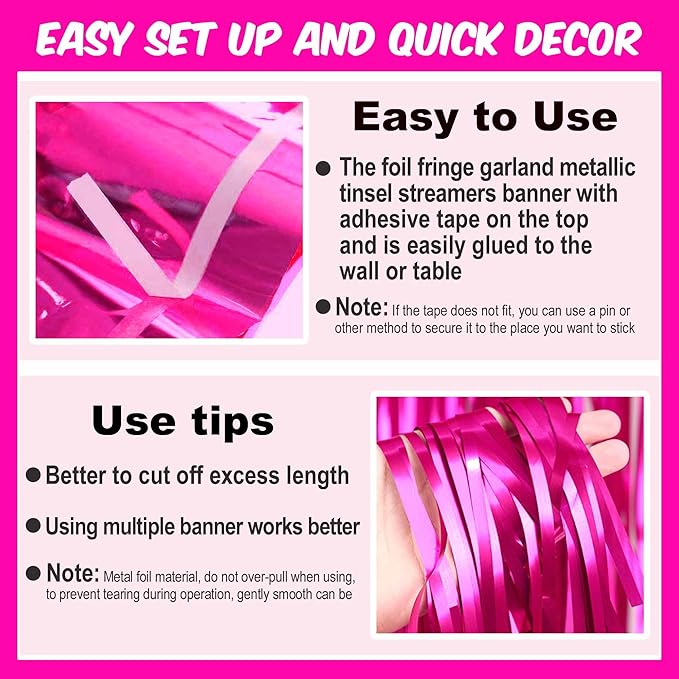 4 Pack 10 Ft Fuchsia Foil Fringe Garland Metallic Streamers Tinsel Banner Wall - Image 3