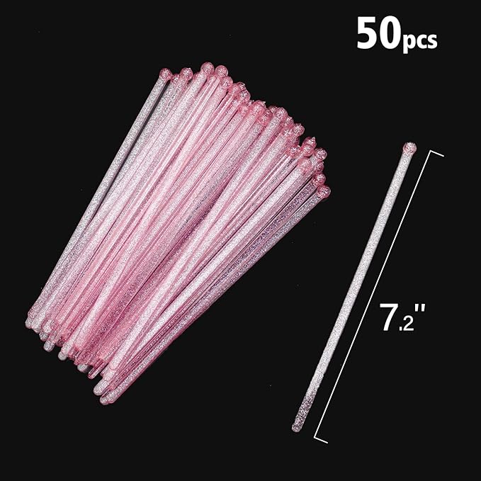 50-PCS Pink Glitter Plastic Swizzle Sticks, Crystal Cake Pops, Cocktail Coffee - Image 6