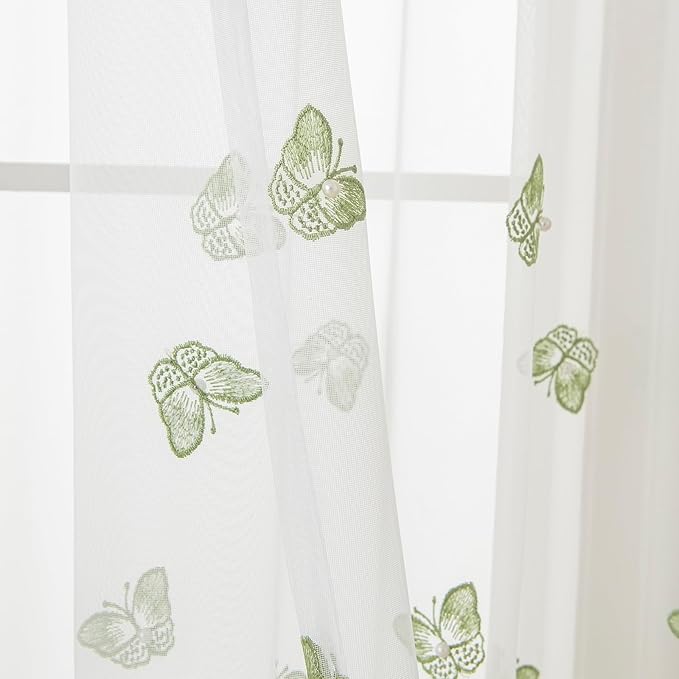 VISIONTEX White Sheer Voile Curtains, Decorative Green Embossed Butterflies Rod - Image 4