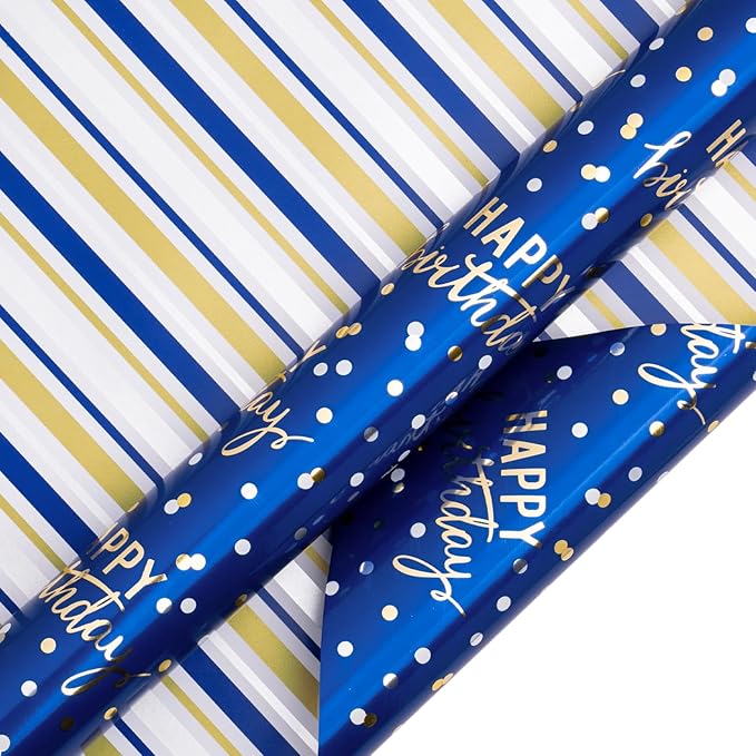LeZakaa Reversible Blue Birthday Wrapping Paper Roll - Image 6