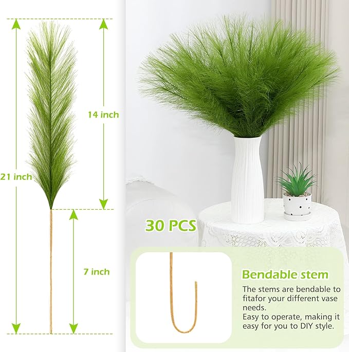 Green Pampas Grass Decor 30 Pcs 21.7 Inch Faux Pampas Grass Bulk Artificial - Image 3