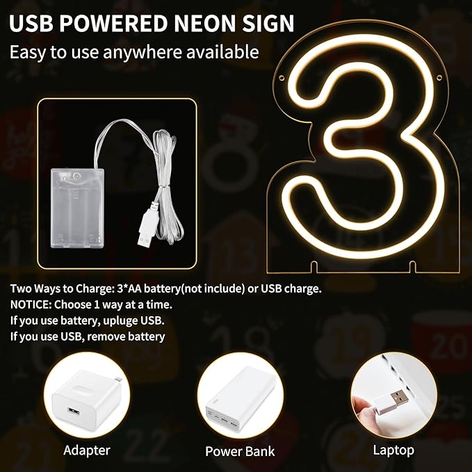 Number 3 LED Neon Sign Backdrop Birthday Party Decoration, 11.3" Height Warm - Image 2