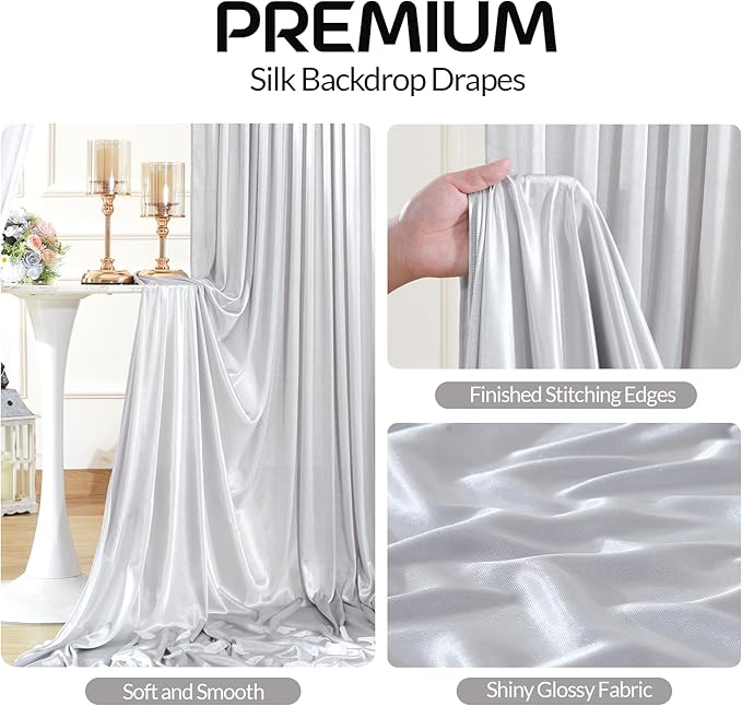 Silver Satin Backdrop Curtains 2 Panels - Image 2