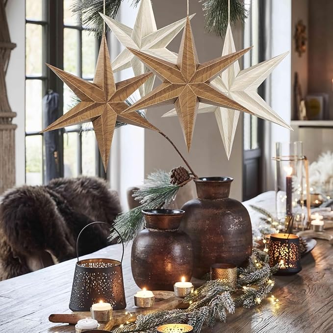 EASY JOY 5 Pcs Wood Grain Paper Star Lanterns 6-Pointed 12 Inch Christmas - Image 6