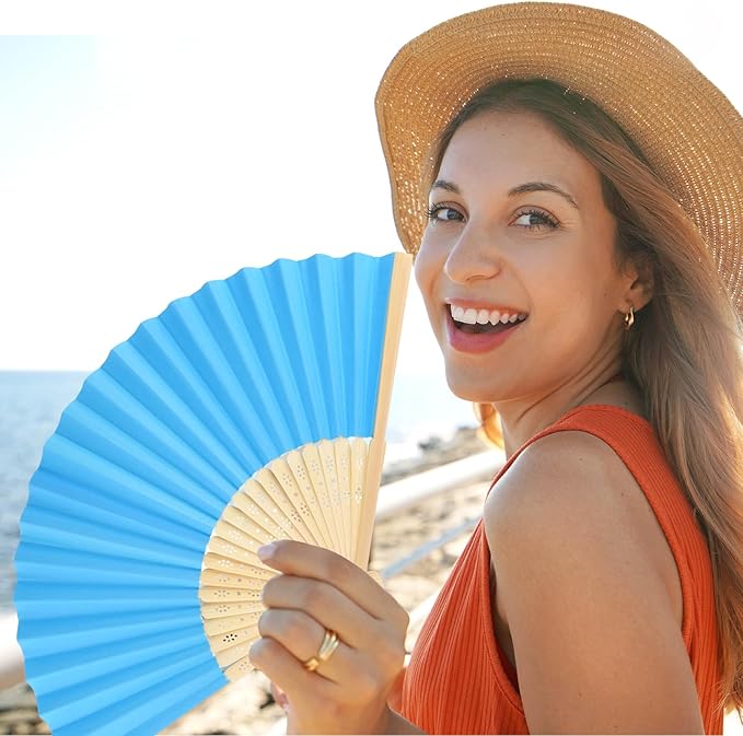 12 Pieces Blue Hand Held Bamboo Folding Fans Paper Fans Handheld - Image 7
