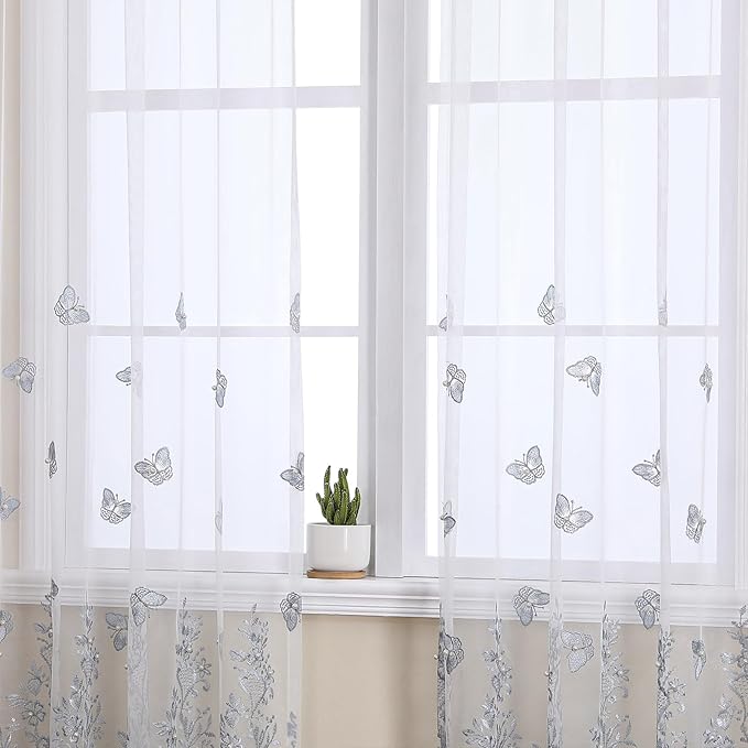 VISIONTEX White Sheer Voile Curtains, Decorative Blue Embossed Butterflies Rod - Image 3