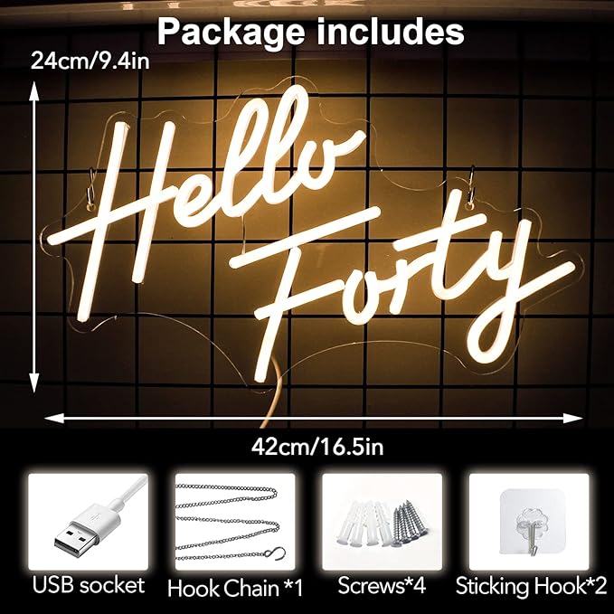 LED Hello Forty Neon Sign 16.5x9.4 inch - Image 4
