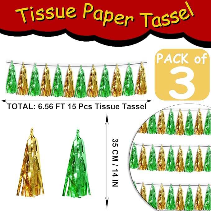 3P Sage-Green Gold Metallic Fringe Tassel Banner Garland Foil Tinsel Streamer - Image 2