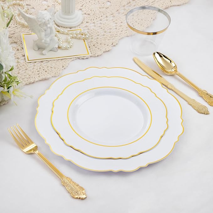 Liacere 350PCS Gold Plastic Plates-Disposable White and Gold Plates 50guest - Image 6