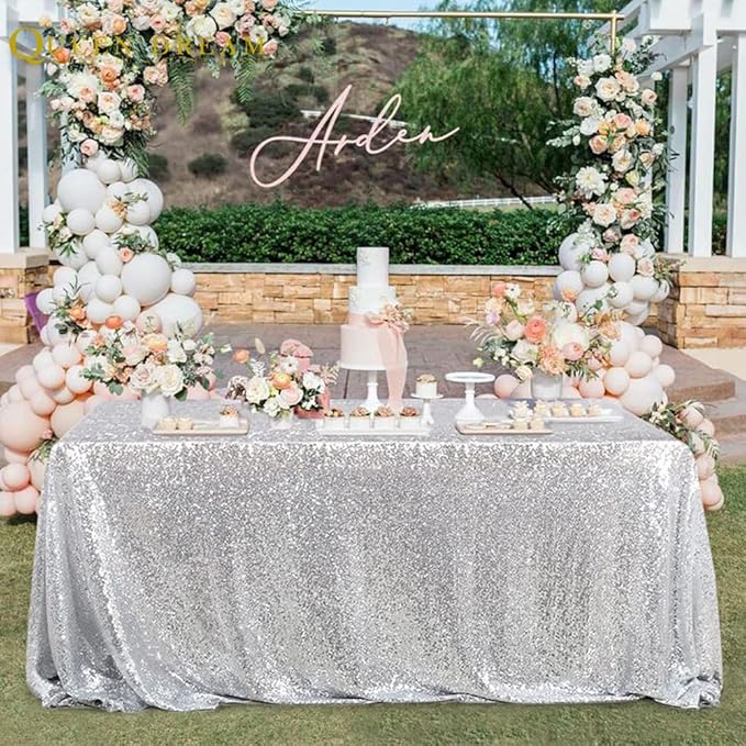 QueenDream Tablecloth 90x156 Rectangle Sequin Tablecloth Silver Wedding Table - Image 5