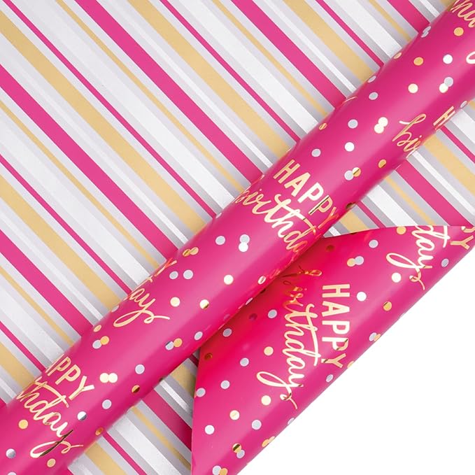 LeZakaa Reversible Pink Birthday Wrapping Paper Roll - Image 6