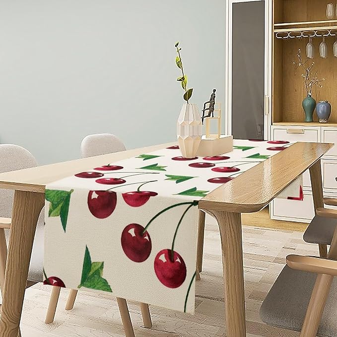 Red Cherry Table Runner Watercolor Tropical Fruit Spring Summer Wild Berry - Image 2