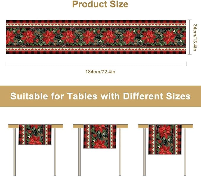 Christmas Table Runner, Seasonal Winter Xmas Holiday Plaid Table Cloth Kitchen - Image 7