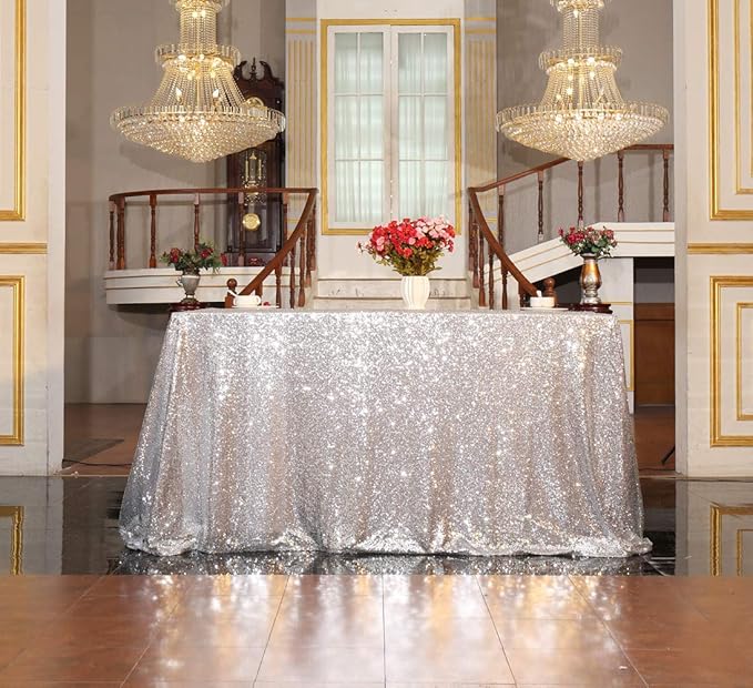 SquarePie Sequin Tablecloth 90 x 156 Inch Silver Sparkly Table Linen - Image 4