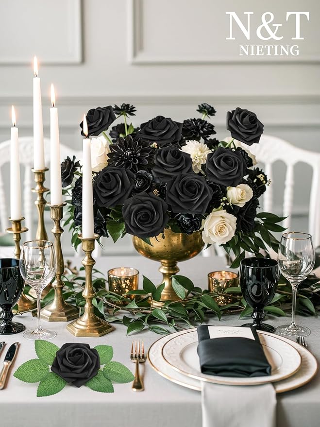 N&T NIETING Artificial Flowers Black Rose 50pcs Real Touch Flowers Perfect - Image 5