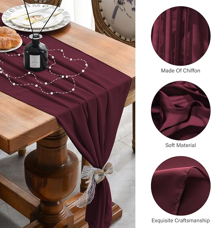 2 Pack 10 Ft Chiffon Table Runner Burgundy Gauze Long Table Runners 27x120 - Image 6