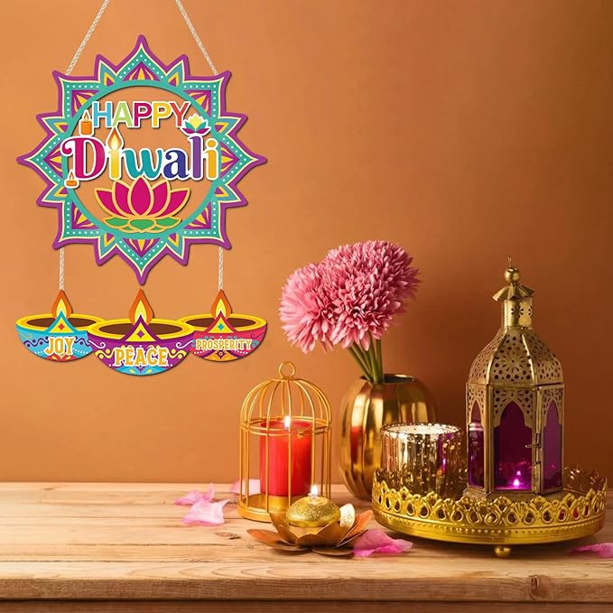 CHDITB Happy Diwali Front Door Sign Wreath, Wooden Lotus Rangoli Diyas Indian - Image 5