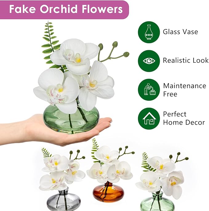 White Orchids Artificial Flowers Faux Orchids Arrangement in Light Green Glass - Image 3