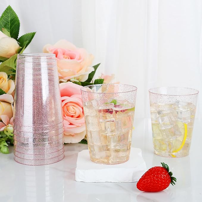 DaYammi 100 Pack 10oz Pink Plastic Cups, Premium Disposable Rose Gold Glitter - Image 2