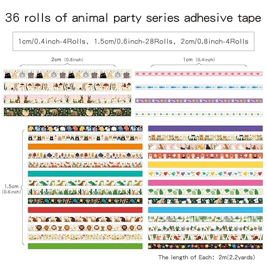 36 Rolls Animal Theme Washi Tape Set, Colorful Cute Adorable Animals Writable - Image 2