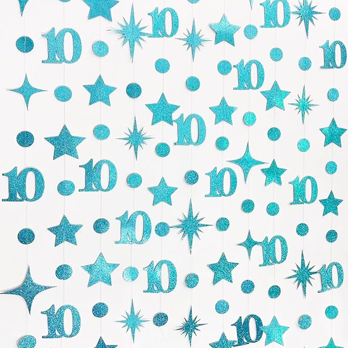 Teal Blue 10th Birthday Decorations Number 10 Circle Dot Star Garland Glitter - Image 4