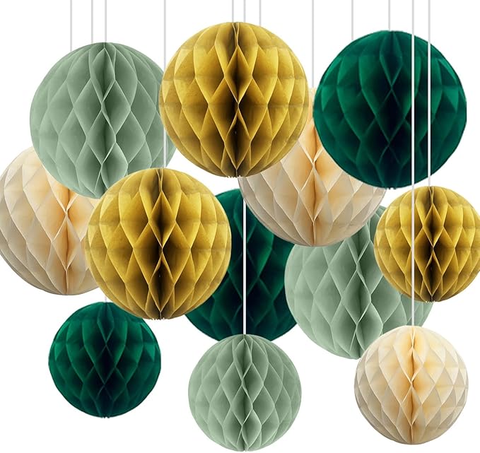 12pcs Sage Green and Gold Paper Honeycomb Balls by CC+wonderland+zone