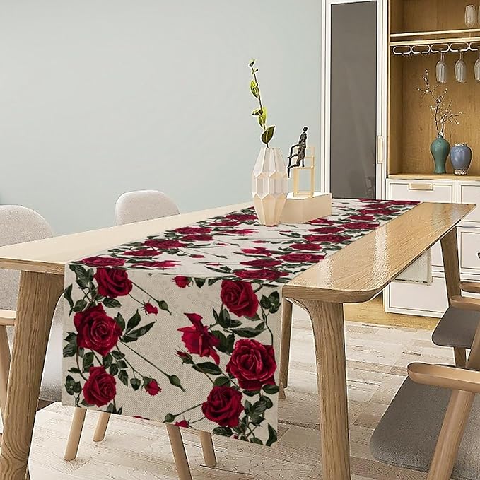 Rose Table Runner, Retro Red Rose Flowers Green Leaves Valentine's Day Kitchen - Image 6