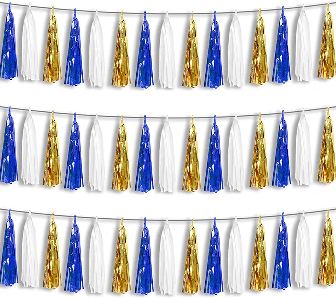 3P Navy-Blue White-Gold Foil Fringe Metallic Tassel-Garland, Tassels Banner by HYSILLA