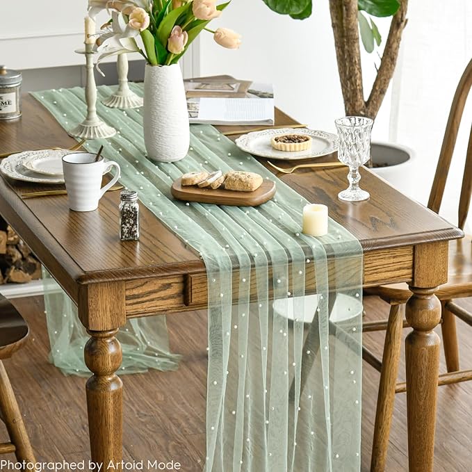 Artoid Mode Pearl Grass Green Gauze Table Runner 59x120 Inch, Seasonal Sheer - Image 3