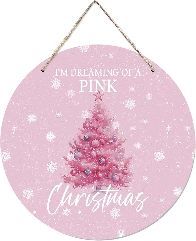 CGBHW Pink Christmas Tree Wooden Sign, Winter Holiday Theme Hanging Sign Wall by CGBHW