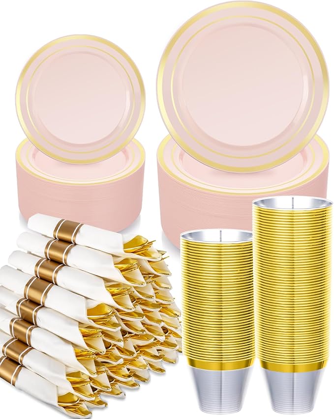 350PCS Pink Plastic Dinnerware Set, Disposable Party Plates - Image 6