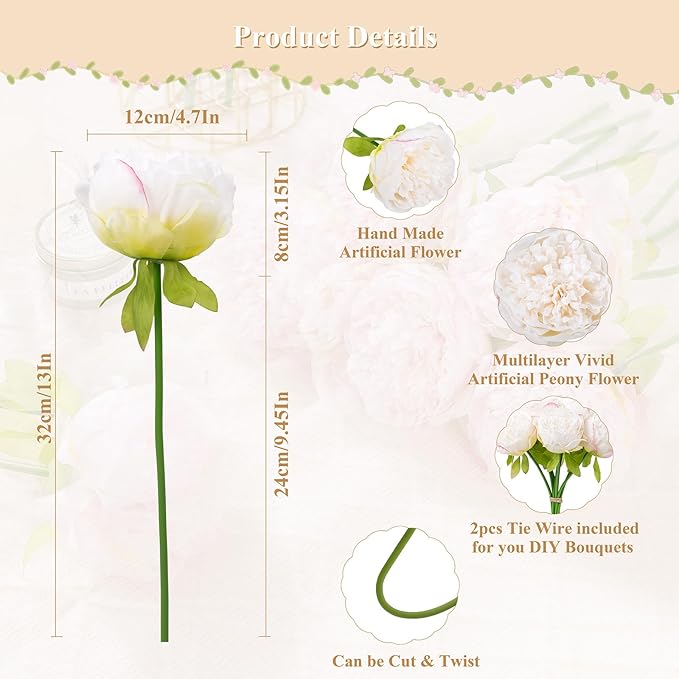 U'Artlines 2 Bouquet 10 Heads Artificial Peony Silk Flower Leaf Home Office - Image 3