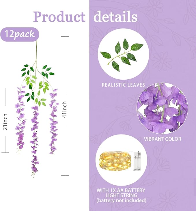 12 Pack Light Purple Wisteria Hanging Flowers Garland - Image 2