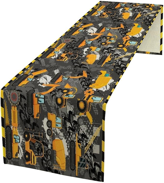 Cartoon Car Table Runner, Boy Kids Construction Yellow Tractor Excavator by Kurtect