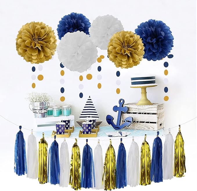 Navy Blue White Gold Party Decoration 23pcs Kits-Paper Flowers, Banner Flags - Image 2