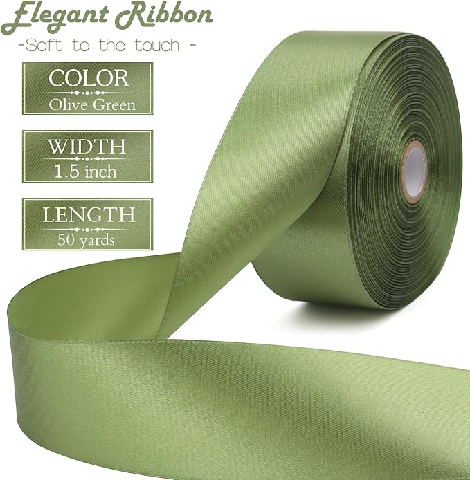 Olive Green Solid Satin Ribbon 1-1/2 Inch 50 Yards Solid Polyester Fabric Ribbon - Image 2