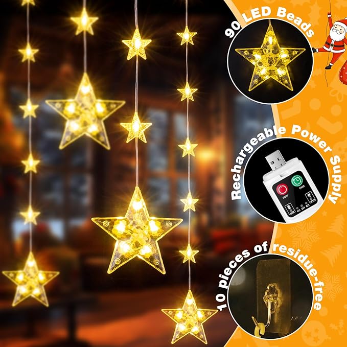 Rechargeable Stars Christmas Window Lights, IP65 Waterproof 90 LEDs 54 Stars - Image 4