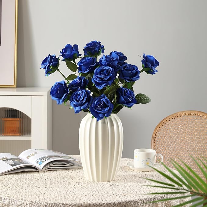 Tifuly Royal Blue Roses Artificial Flowers -12 pcs Realistic Single Long Stem - Image 3