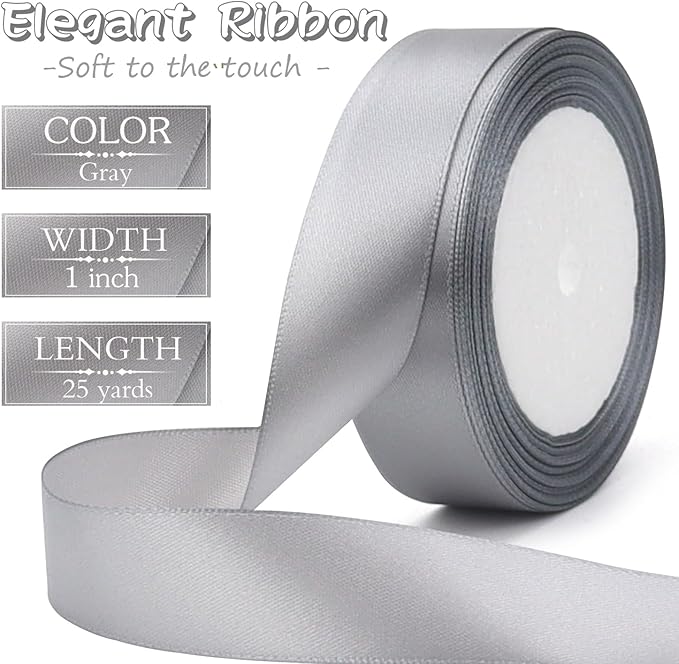 Gray Solid Satin Ribbon 1 Inch 25 Yards Solid Polyester Fabric Ribbon - Image 2